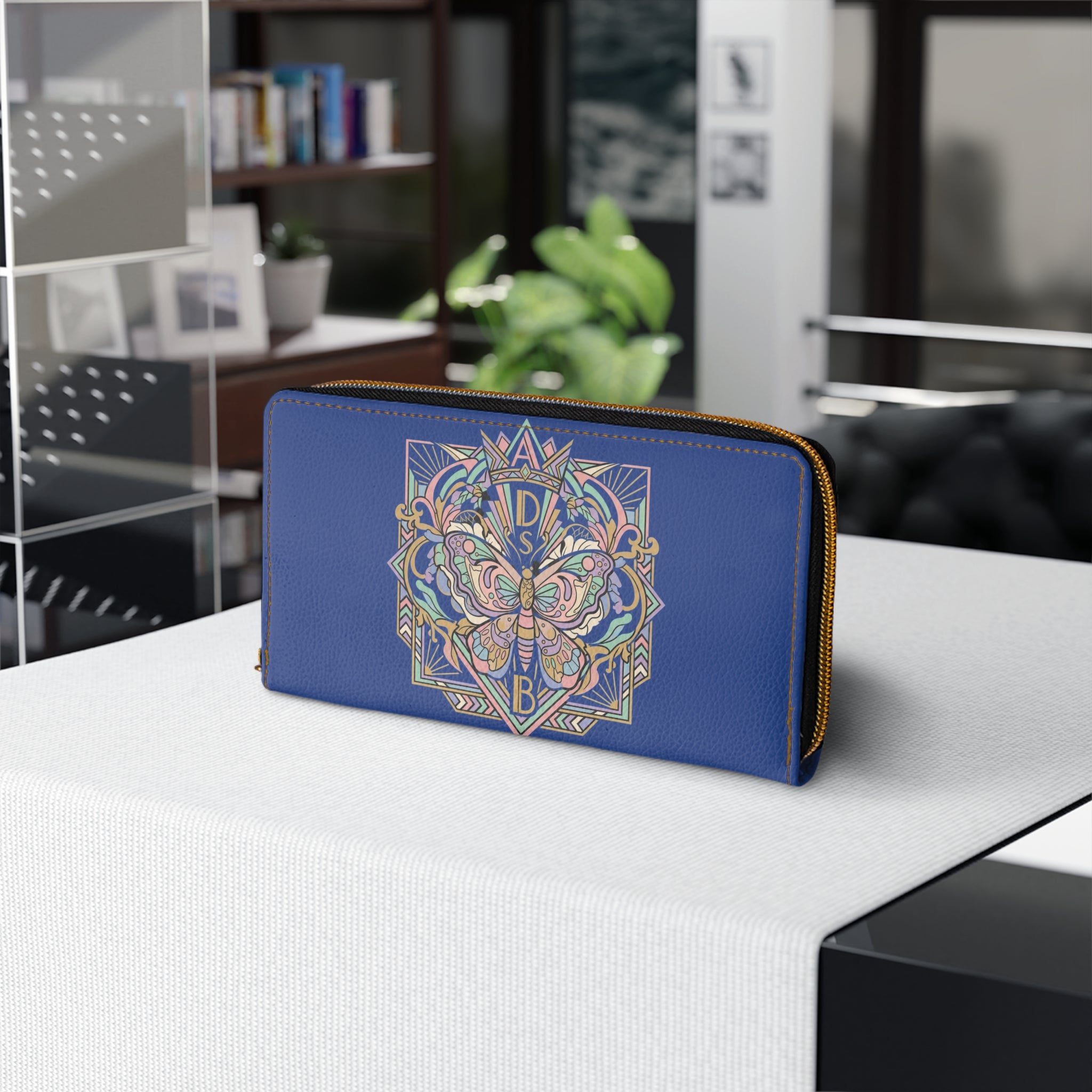 Butterfly Crest Zipper Wallet — Floral Geometric Blue Leather Wallet