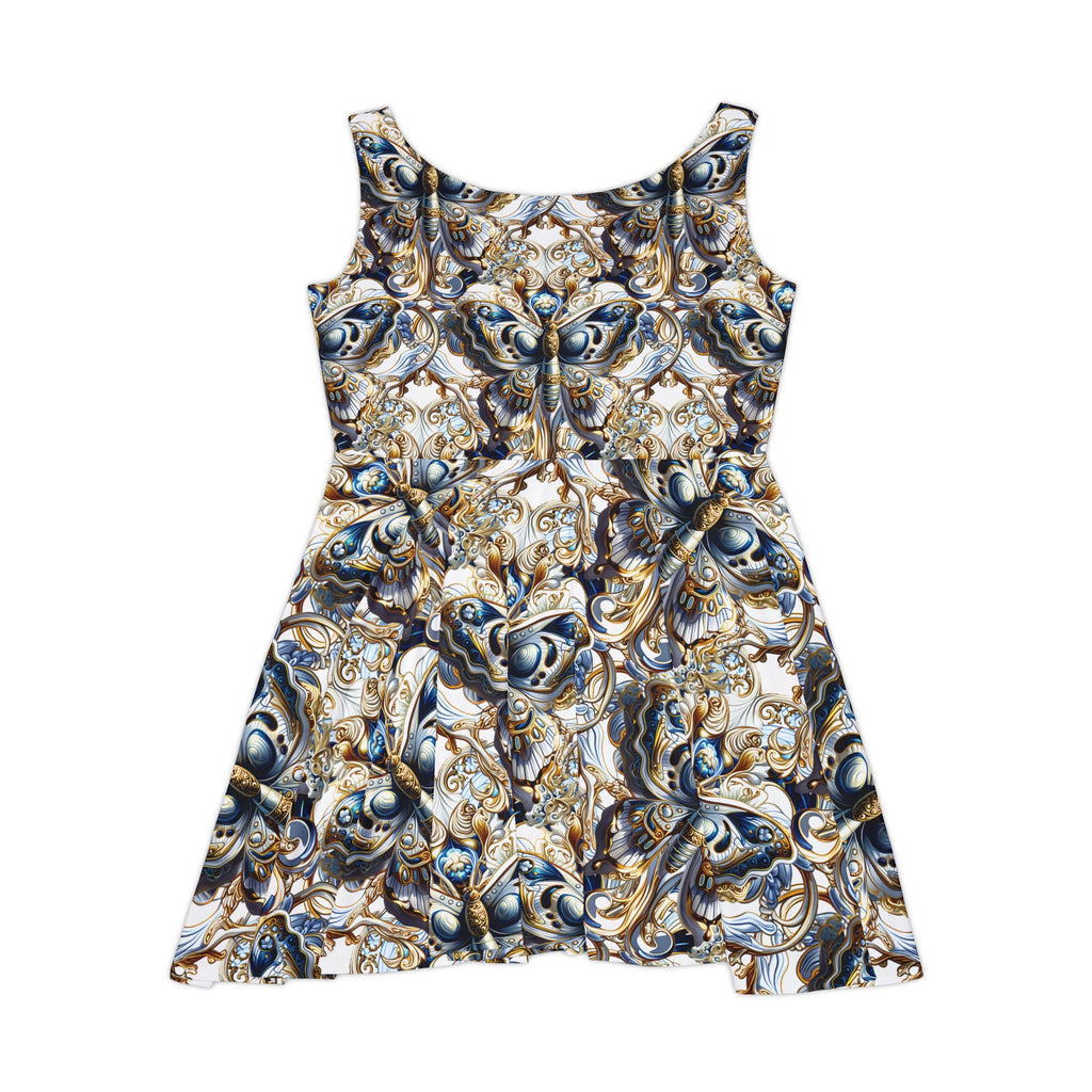 Baroque Floral Skater Dress — Gold & Navy Ornate All-Over Print