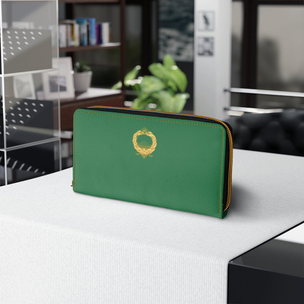 Celtic Knot Zipper Wallet — Green Leather Look Wallet with Gold Snake Emblem