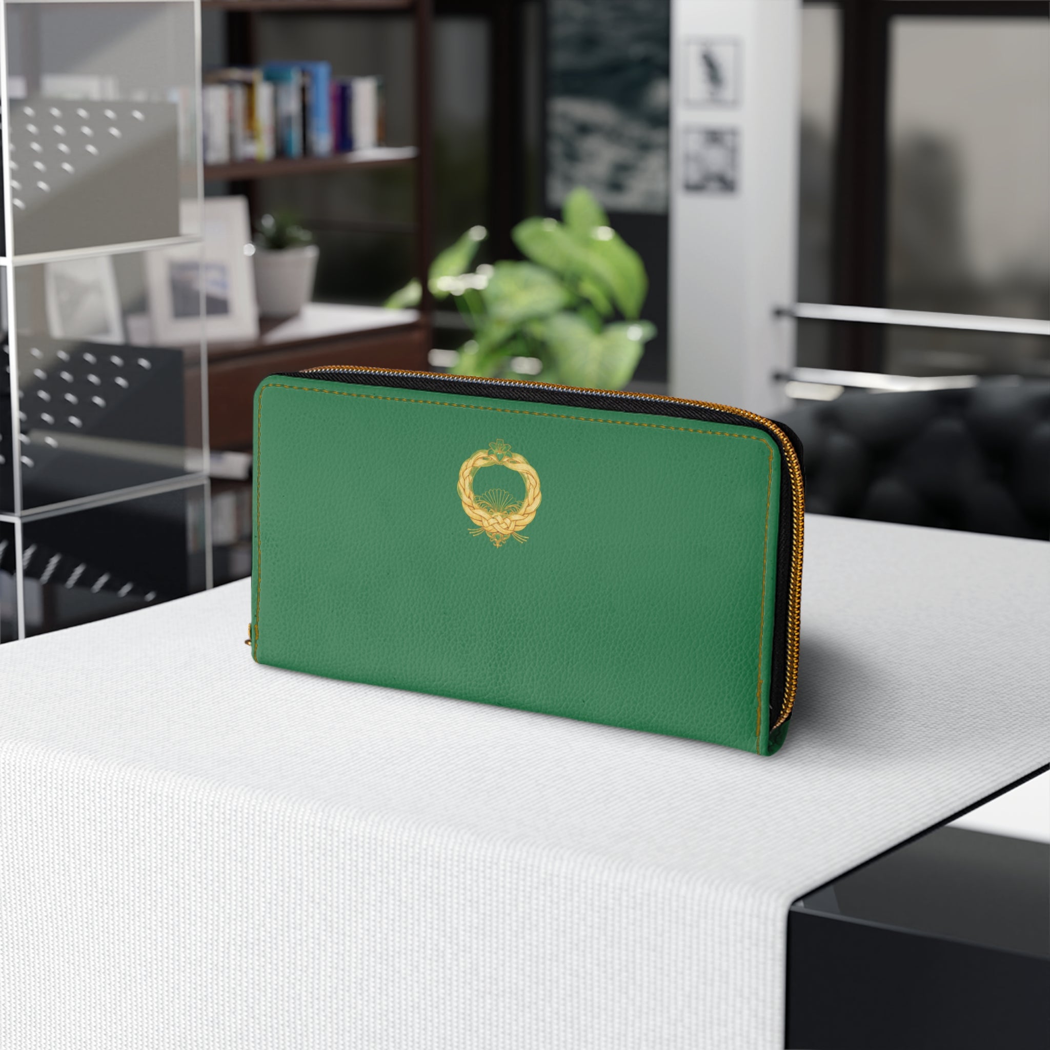 Celtic Knot Zipper Wallet — Green Leather Look Wallet with Gold Snake Emblem