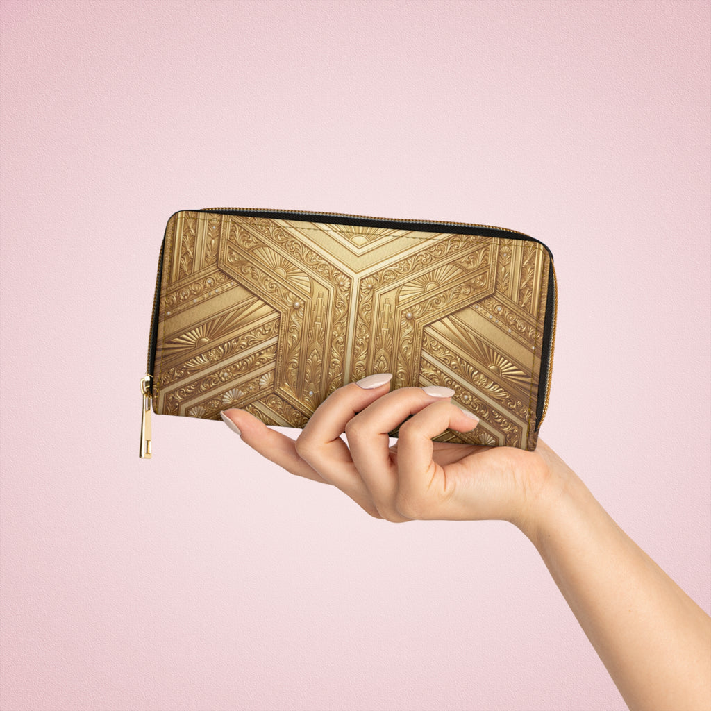 Gold Art Deco Zipper Wallet — Elegant Geometric Patterned Clutch