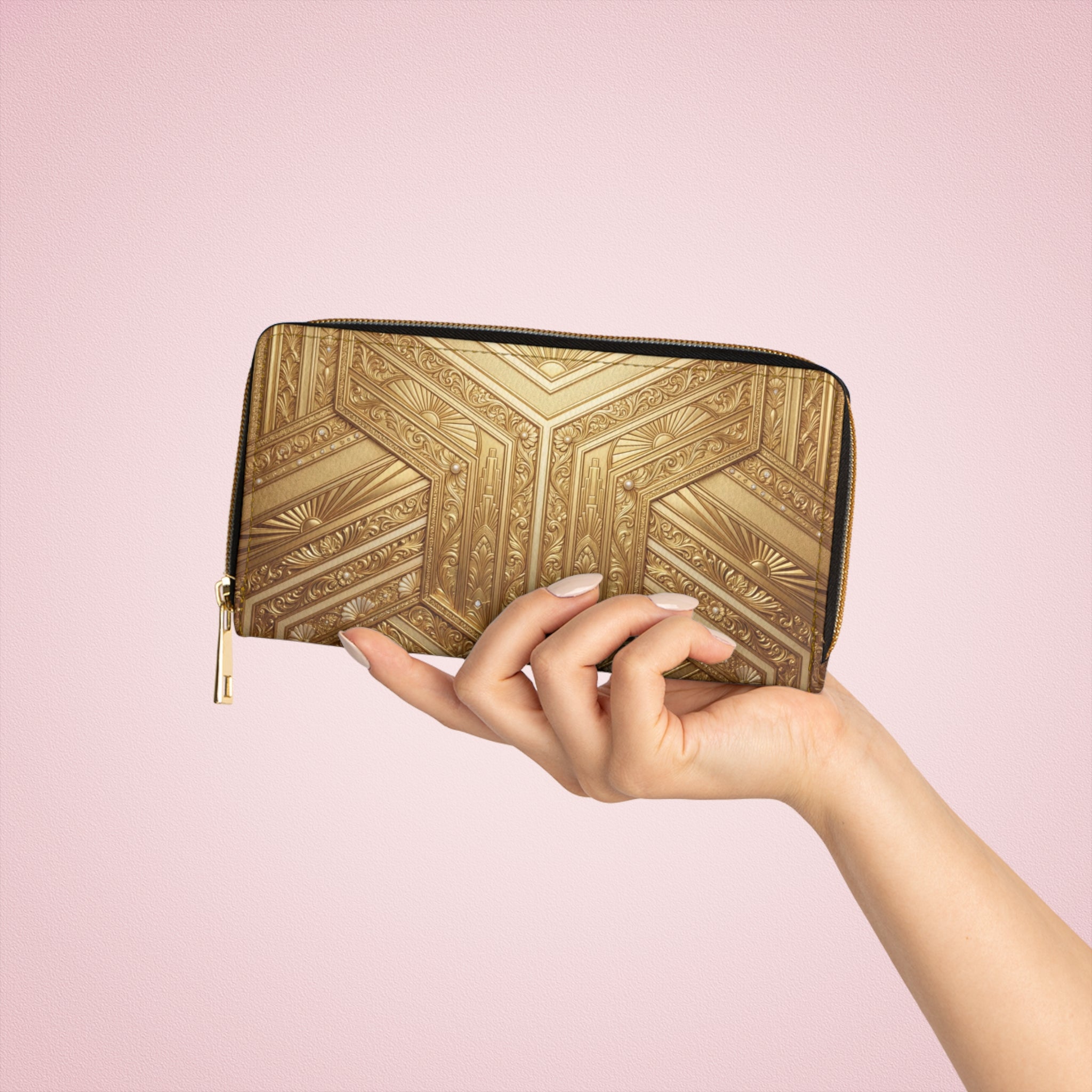 Gold Art Deco Zipper Wallet — Elegant Geometric Patterned Clutch