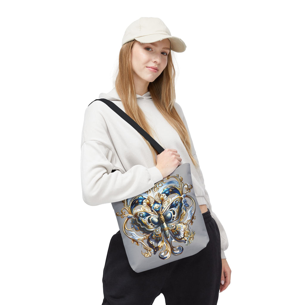Baroque Butterfly Tote Bag — Ornate Gold & Blue All-Over Print