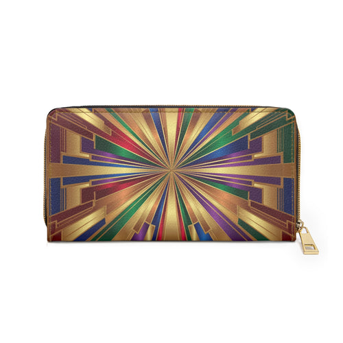 Art Deco Radiant Zip Wallet — Geometric Gold Burst Design