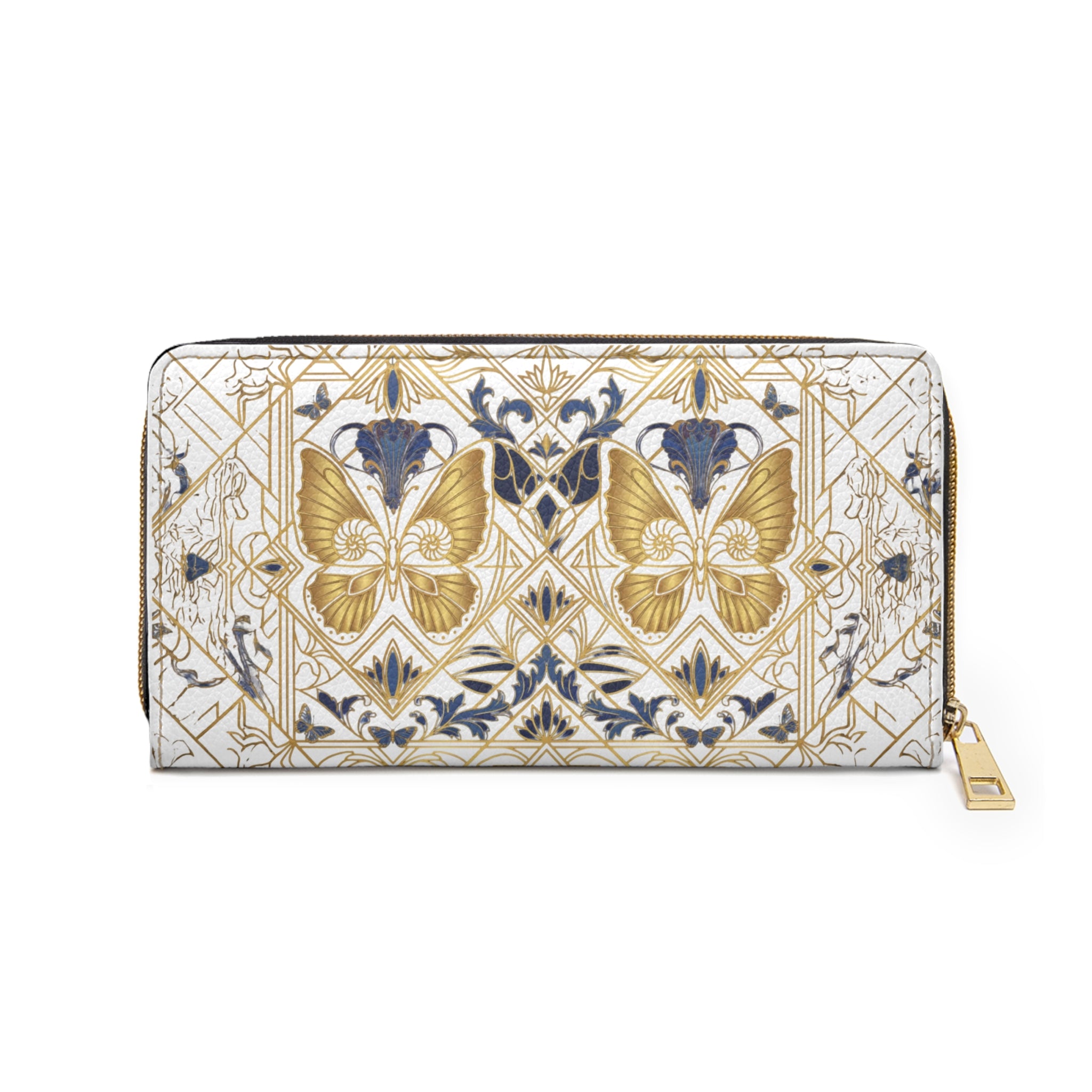 Gold Butterfly Zipper Wallet — Elegant Floral Art Nouveau Clutch Wallet