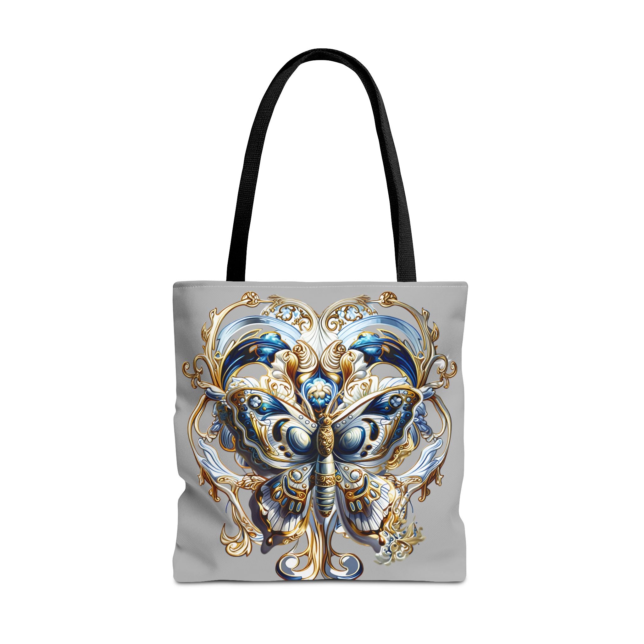 Baroque Butterfly Tote Bag — Ornate Gold & Blue All-Over Print