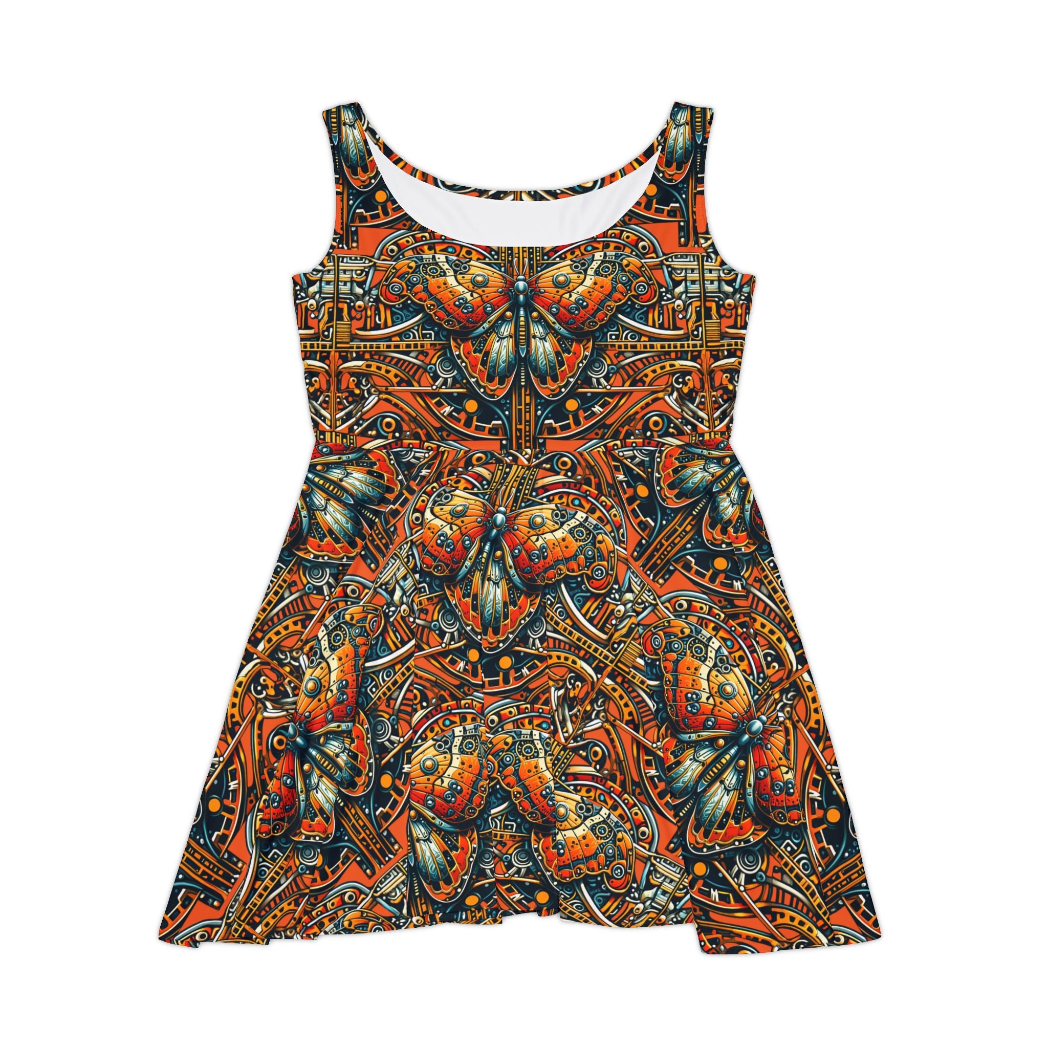 Orange Steampunk Butterfly Skater Dress — All-Over Print Boho Art Dress