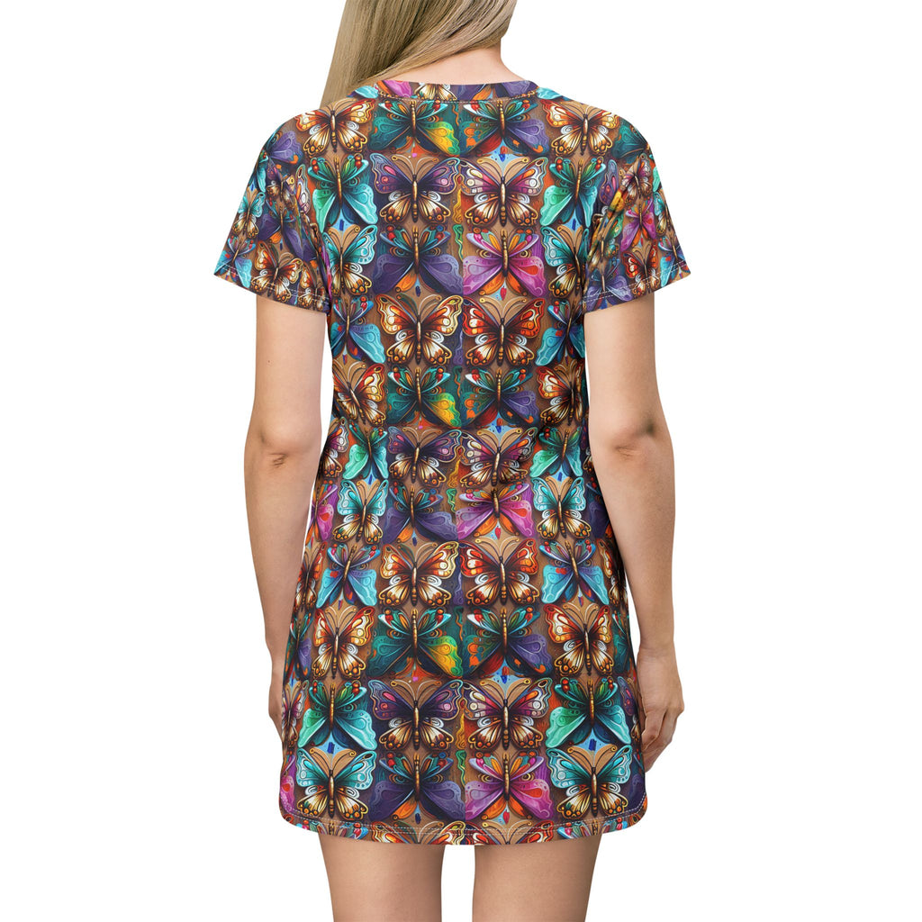 Butterfly Kaleidoscope T-Shirt Dress — Colorful All-Over Print