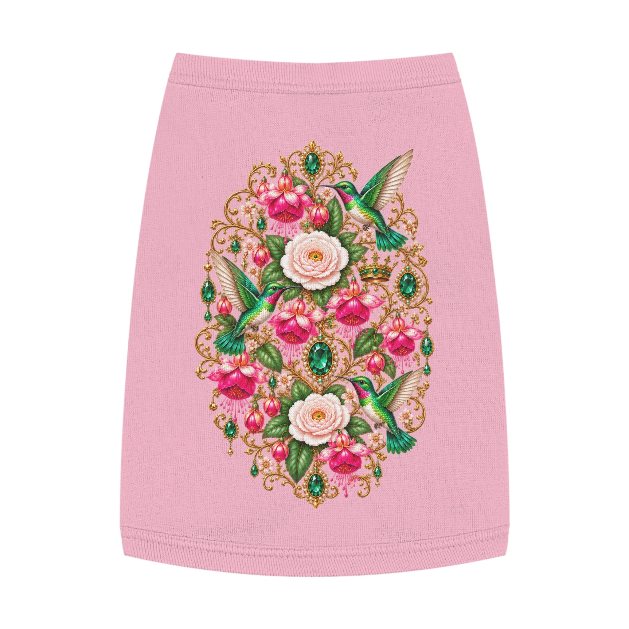 Floral Hummingbird Pet Tank — Ornate Jewel-Embossed Dog Shirt