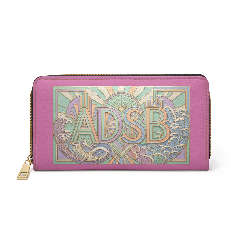 Art Deco Monogram Zipper Wallet – Custom "ADSB" Pink Leather Travel Clutch