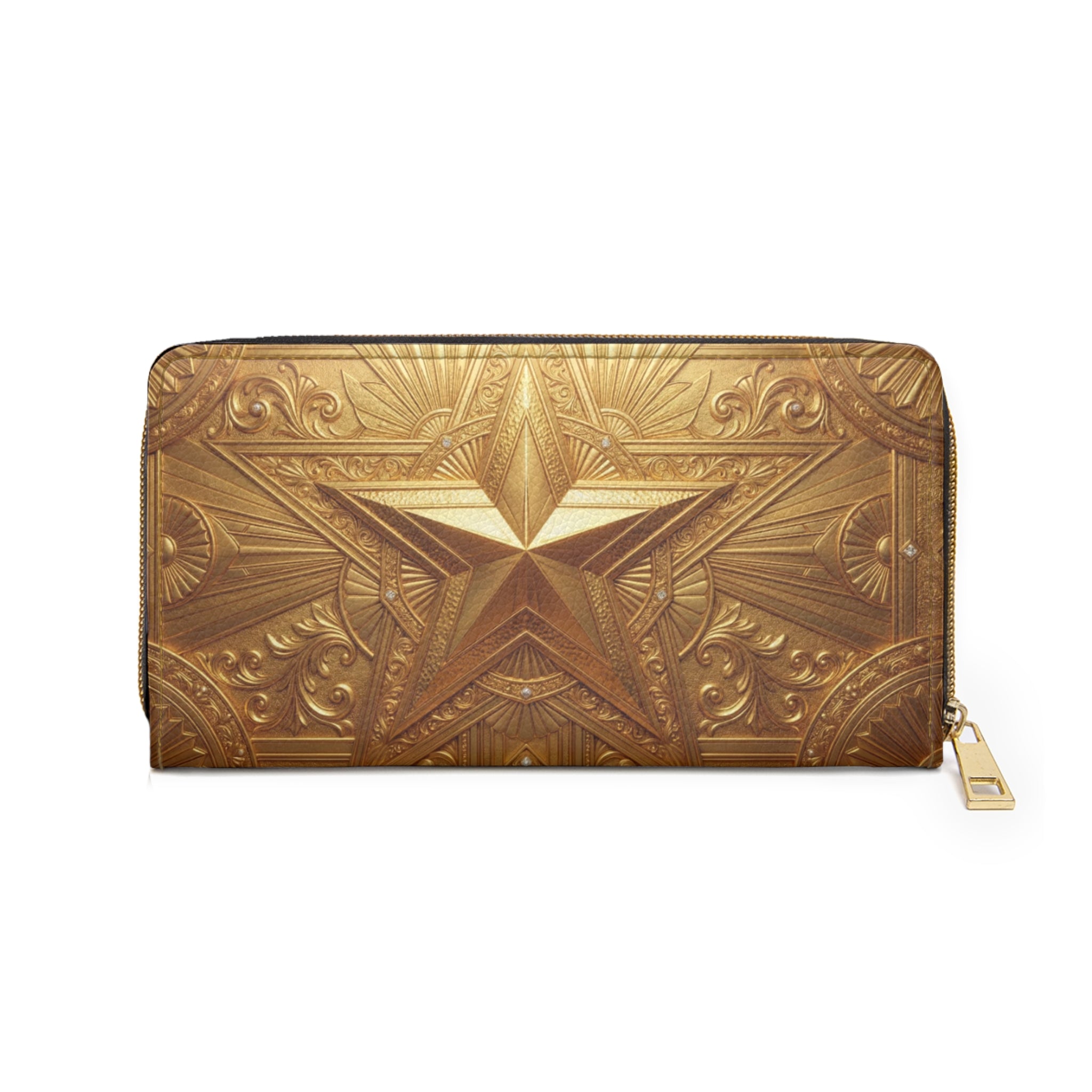 Gold Lion & Star Zipper Wallet — Ornate Metallic Animal Print Wallet