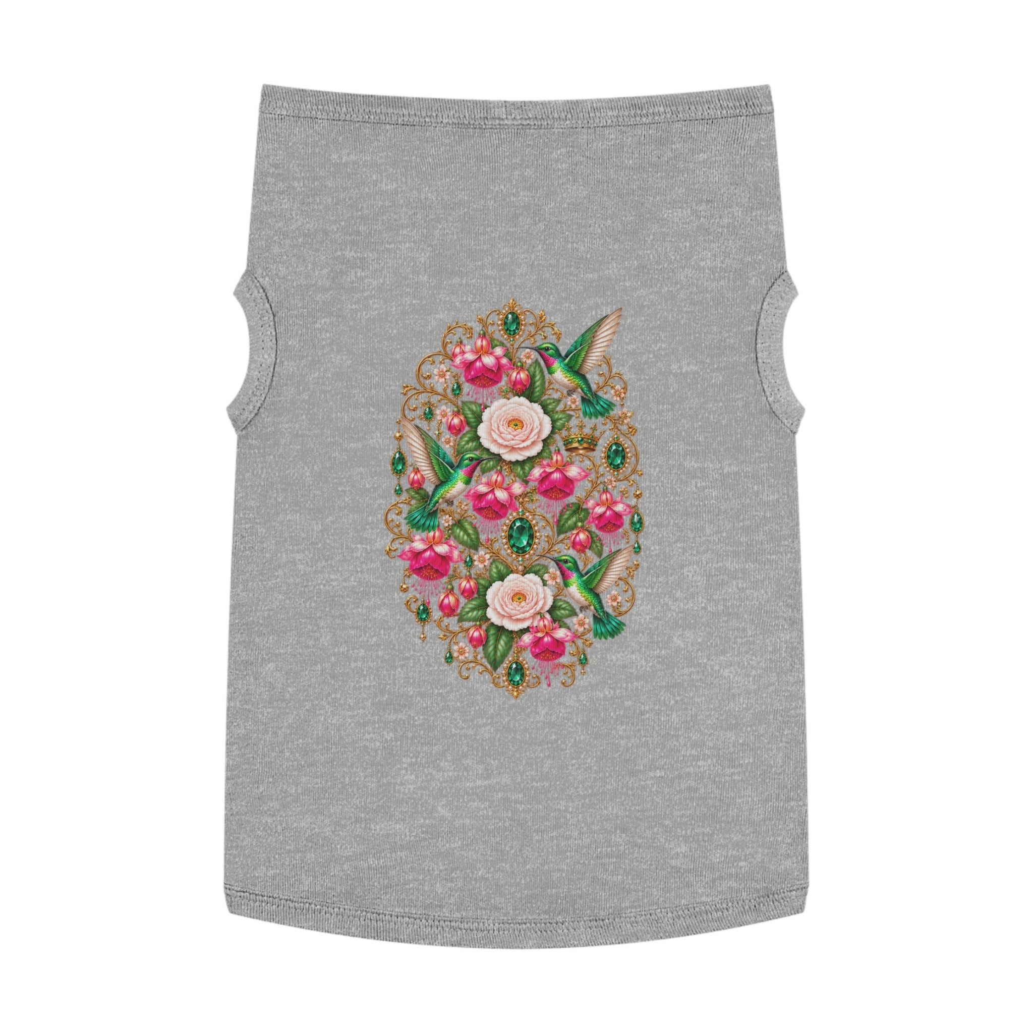 Floral Hummingbird Pet Tank — Ornate Jewel-Embossed Dog Shirt