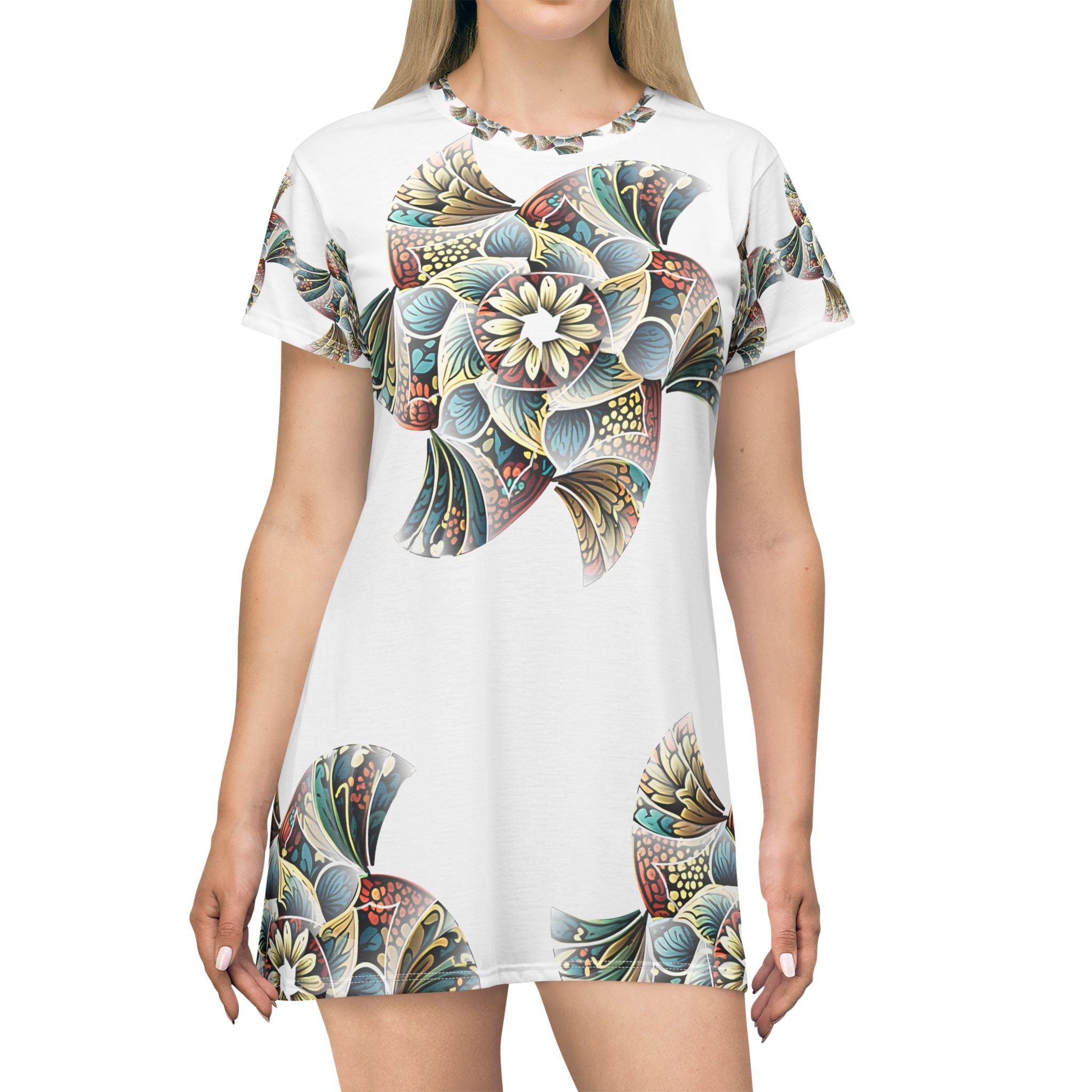 Floral Mandala T-Shirt Dress — Boho All-Over Print Summer Dress