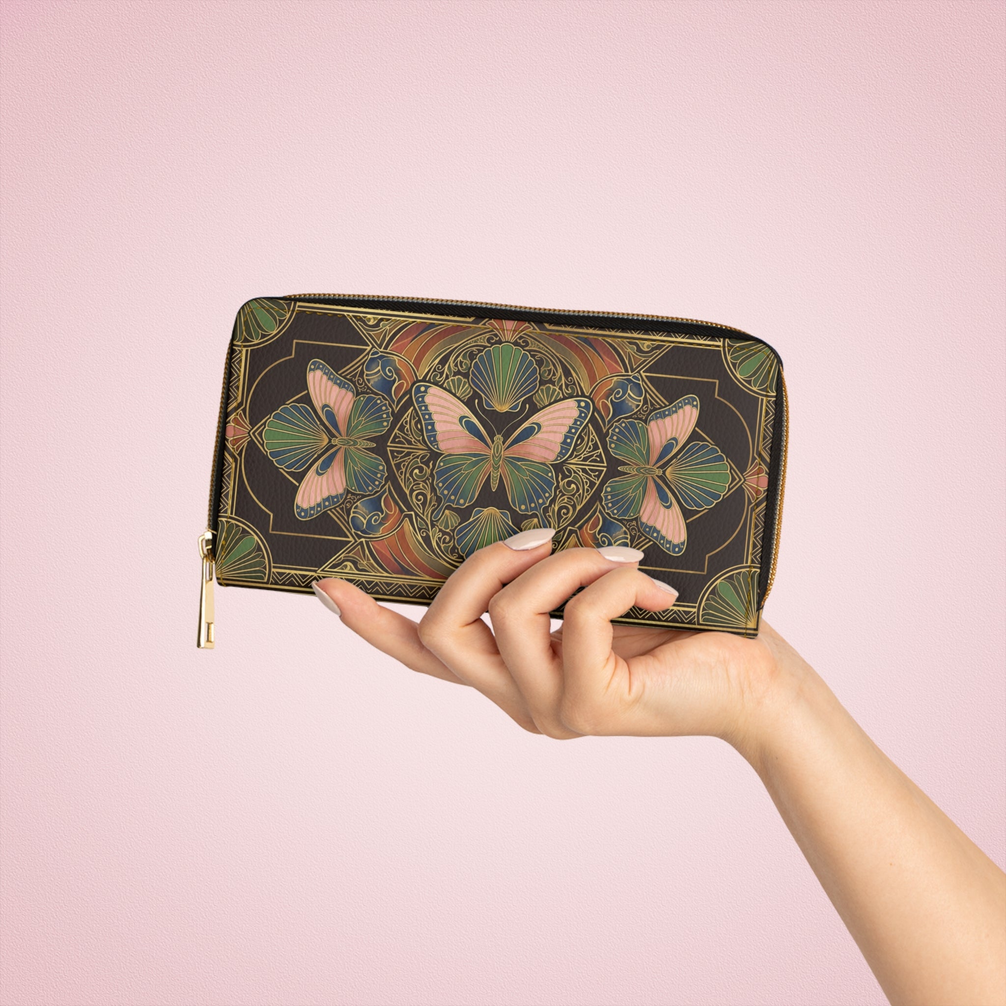 Butterfly Art Nouveau Zipper Wallet — Vintage Floral Clutch Wallet