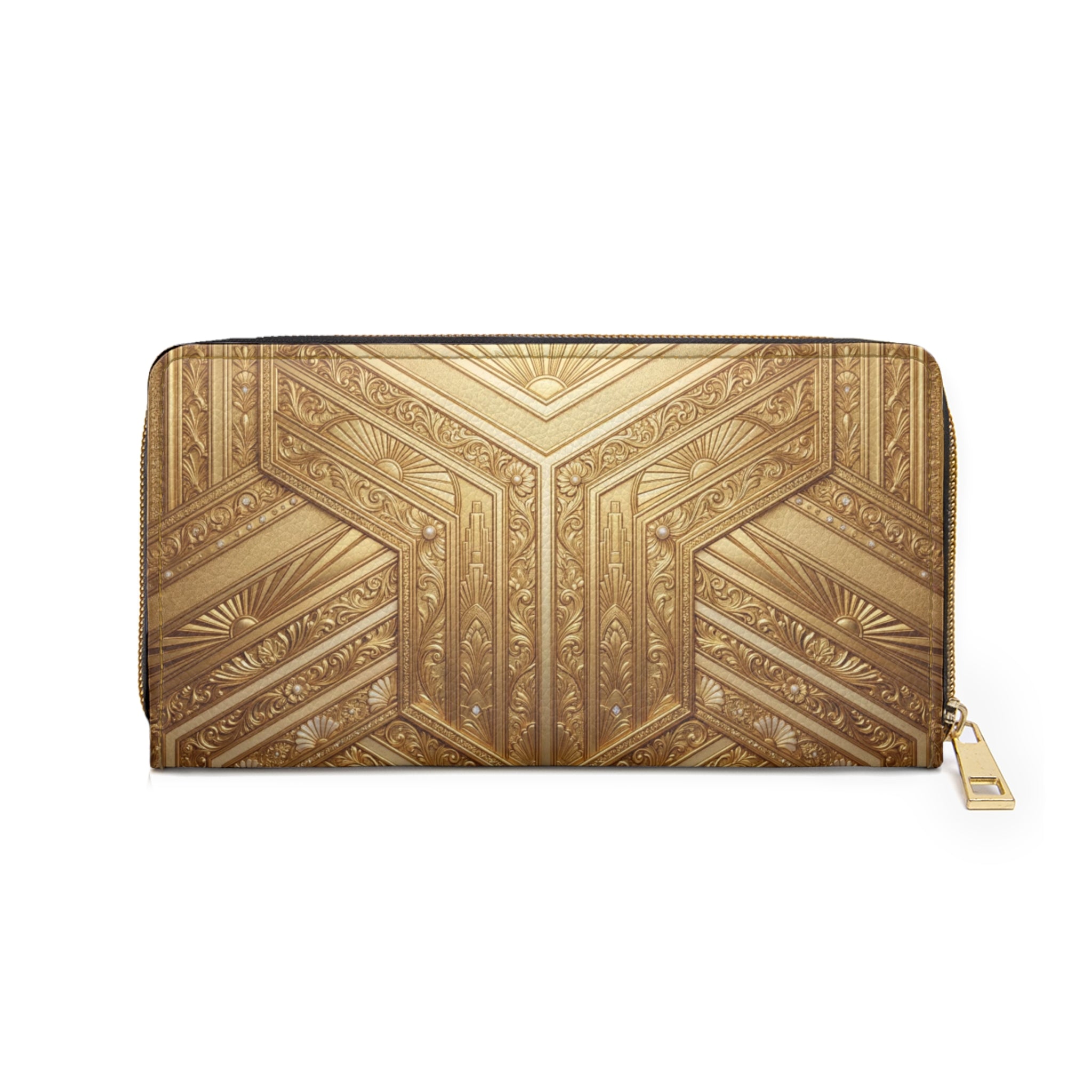 Gold Art Deco Zipper Wallet — Elegant Geometric Patterned Clutch