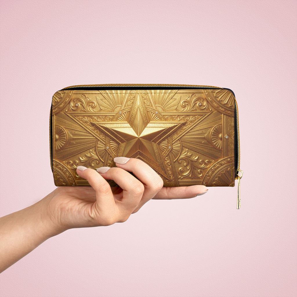 Gold Lion & Star Zipper Wallet — Ornate Metallic Animal Print Wallet