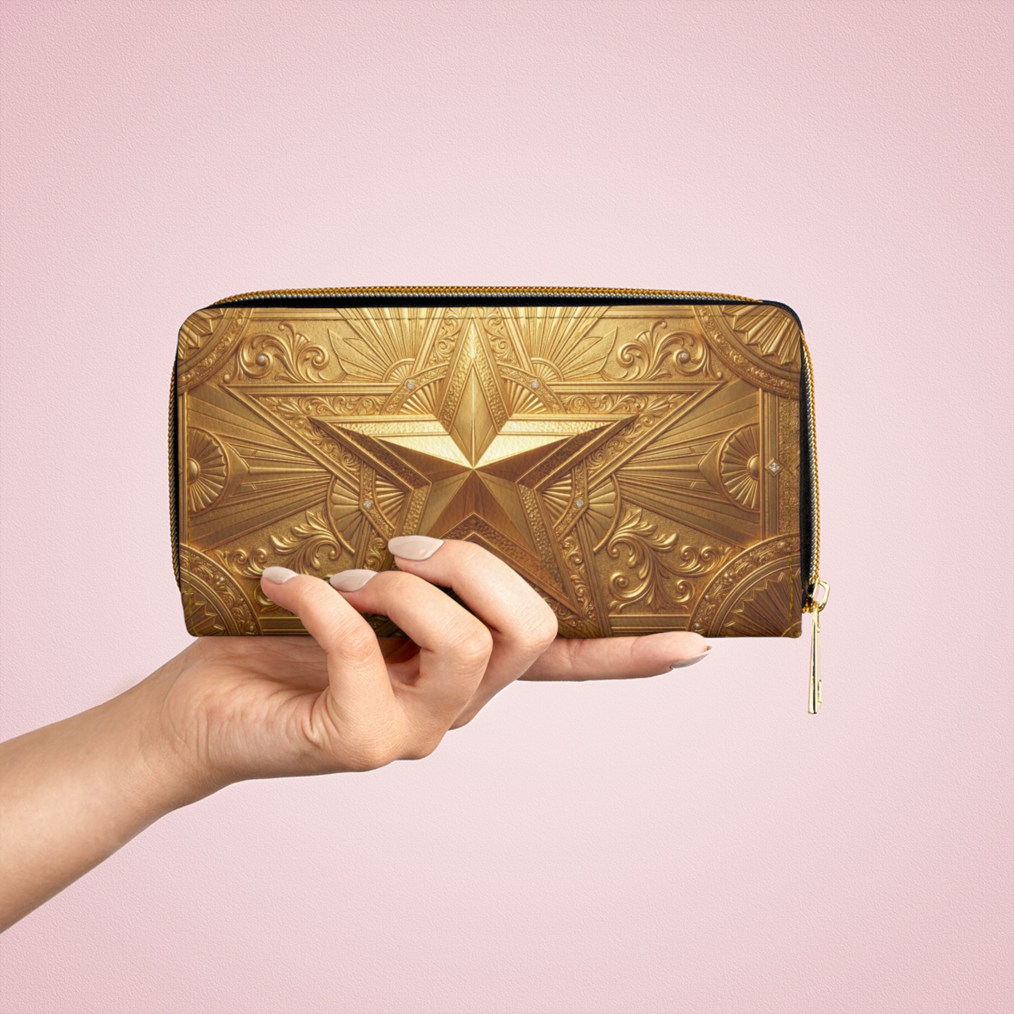 Gold Lion & Star Zipper Wallet — Ornate Metallic Animal Print Wallet