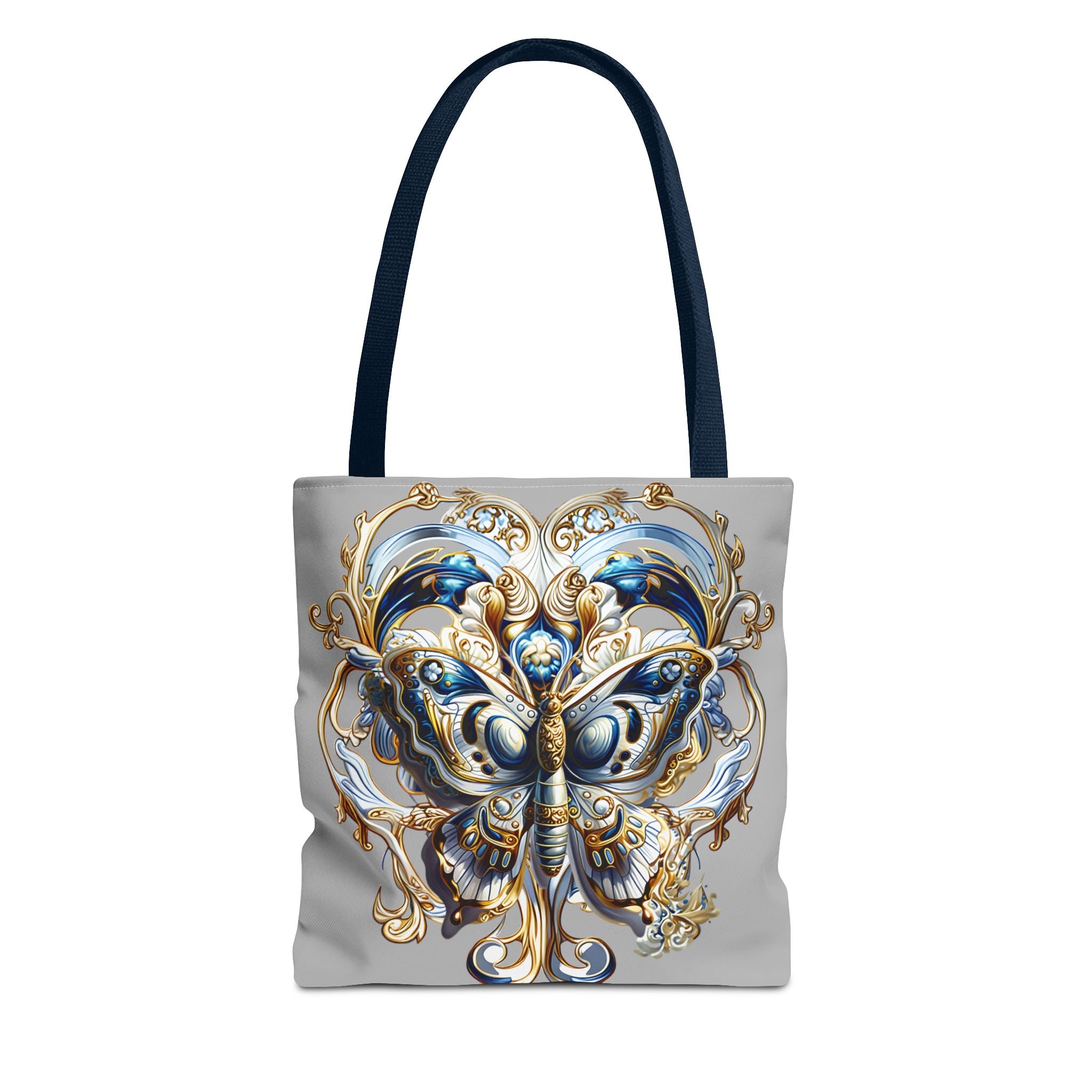 Baroque Butterfly Tote Bag — Ornate Gold & Blue All-Over Print