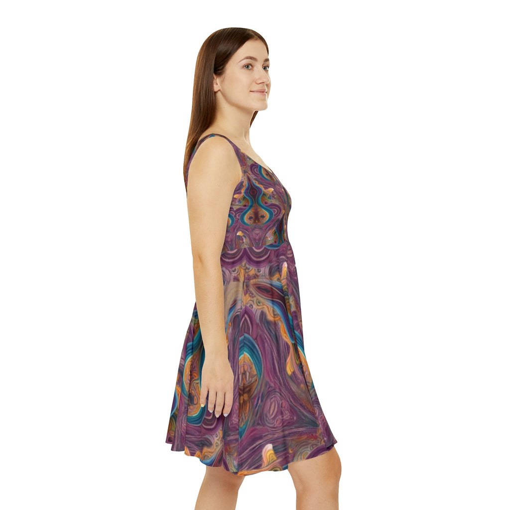 Abstract Psychedelic Floral Skater Dress — Vibrant Retro Swirl Print