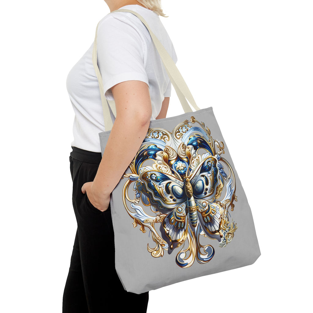Baroque Butterfly Tote Bag — Ornate Gold & Blue All-Over Print