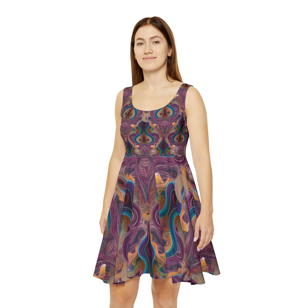 Abstract Psychedelic Floral Skater Dress — Vibrant Retro Swirl Print