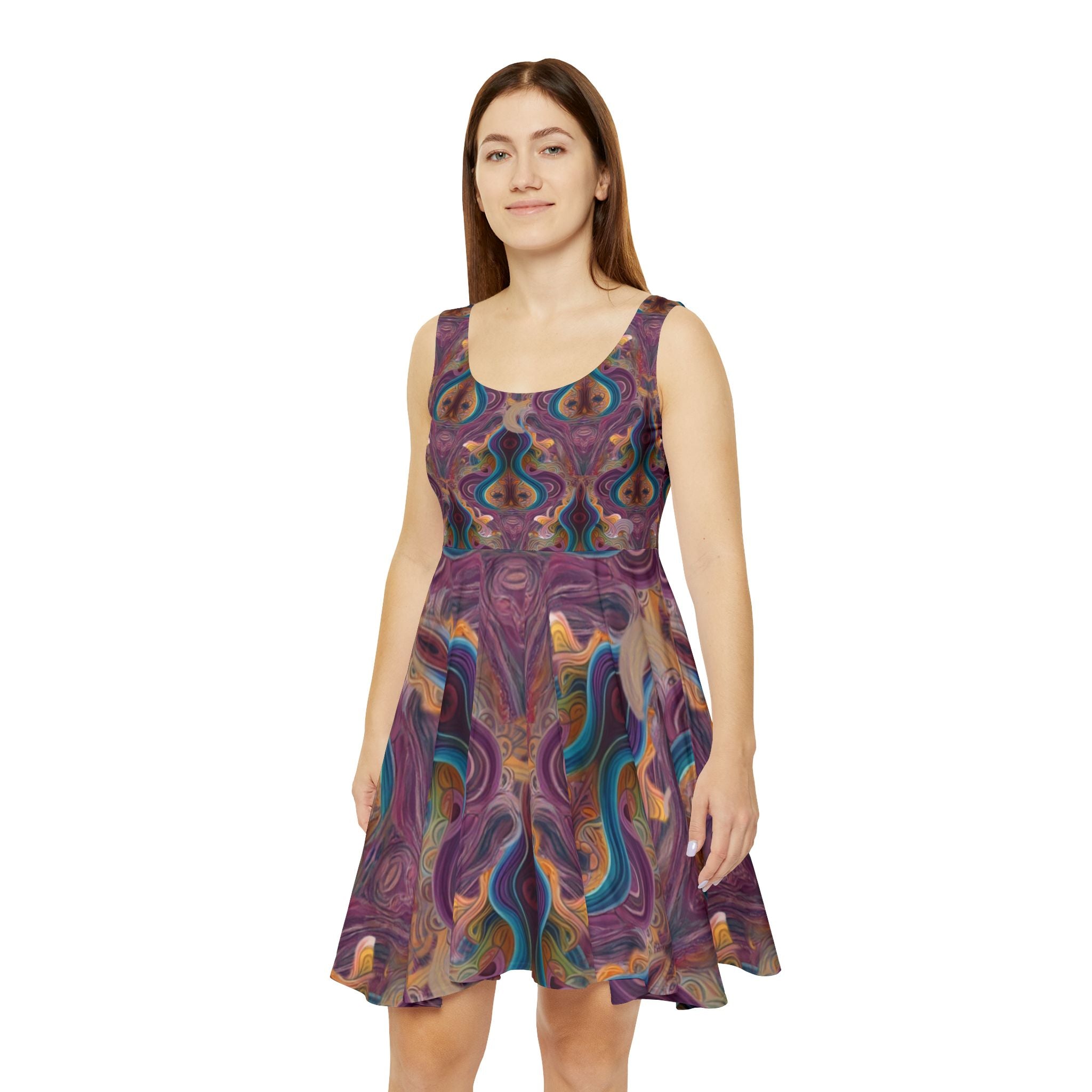 Abstract Psychedelic Floral Skater Dress — Vibrant Retro Swirl Print