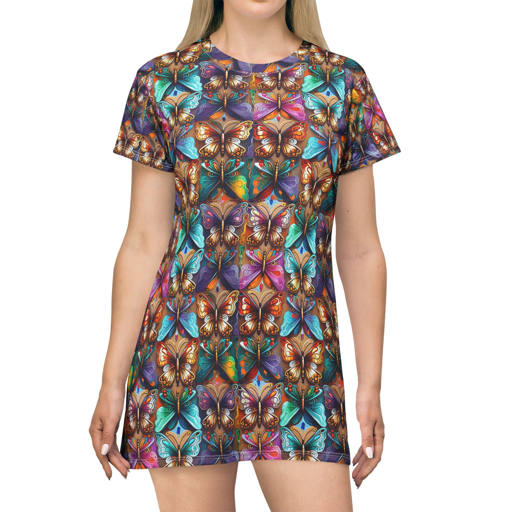 Butterfly Kaleidoscope T-Shirt Dress — Colorful All-Over Print