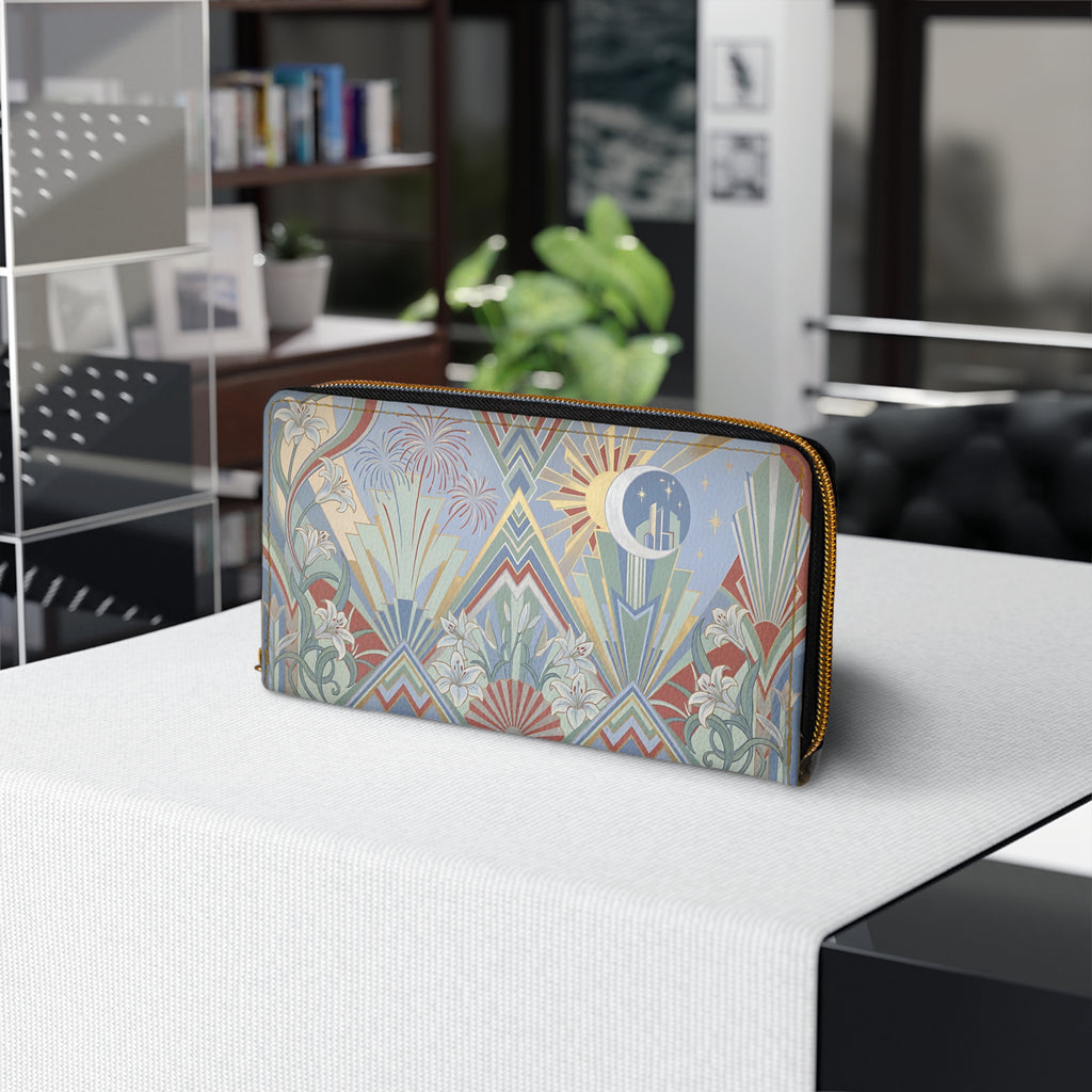 Art Deco Moon & Sun Zipper Wallet — Floral Geometric Travel Wallet