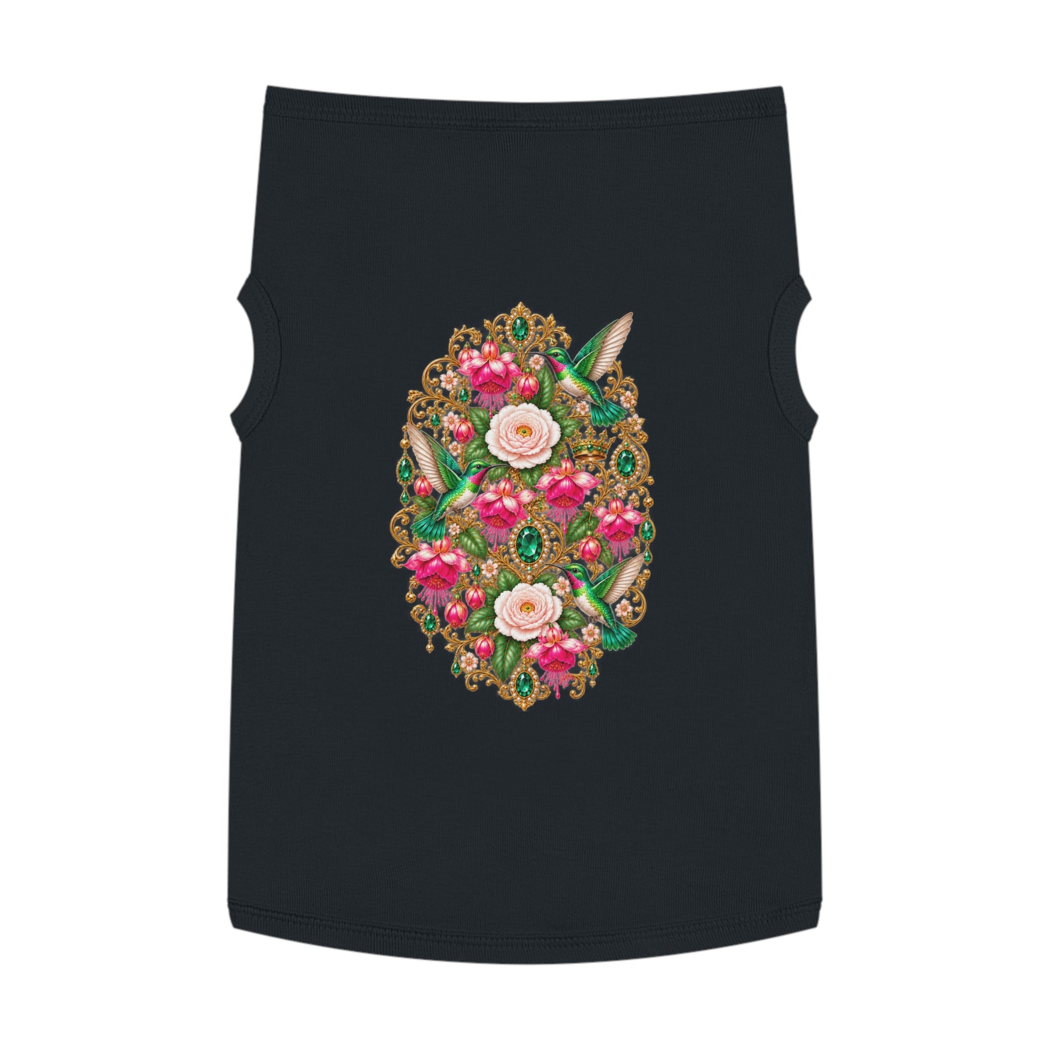 Floral Hummingbird Pet Tank — Ornate Jewel-Embossed Dog Shirt