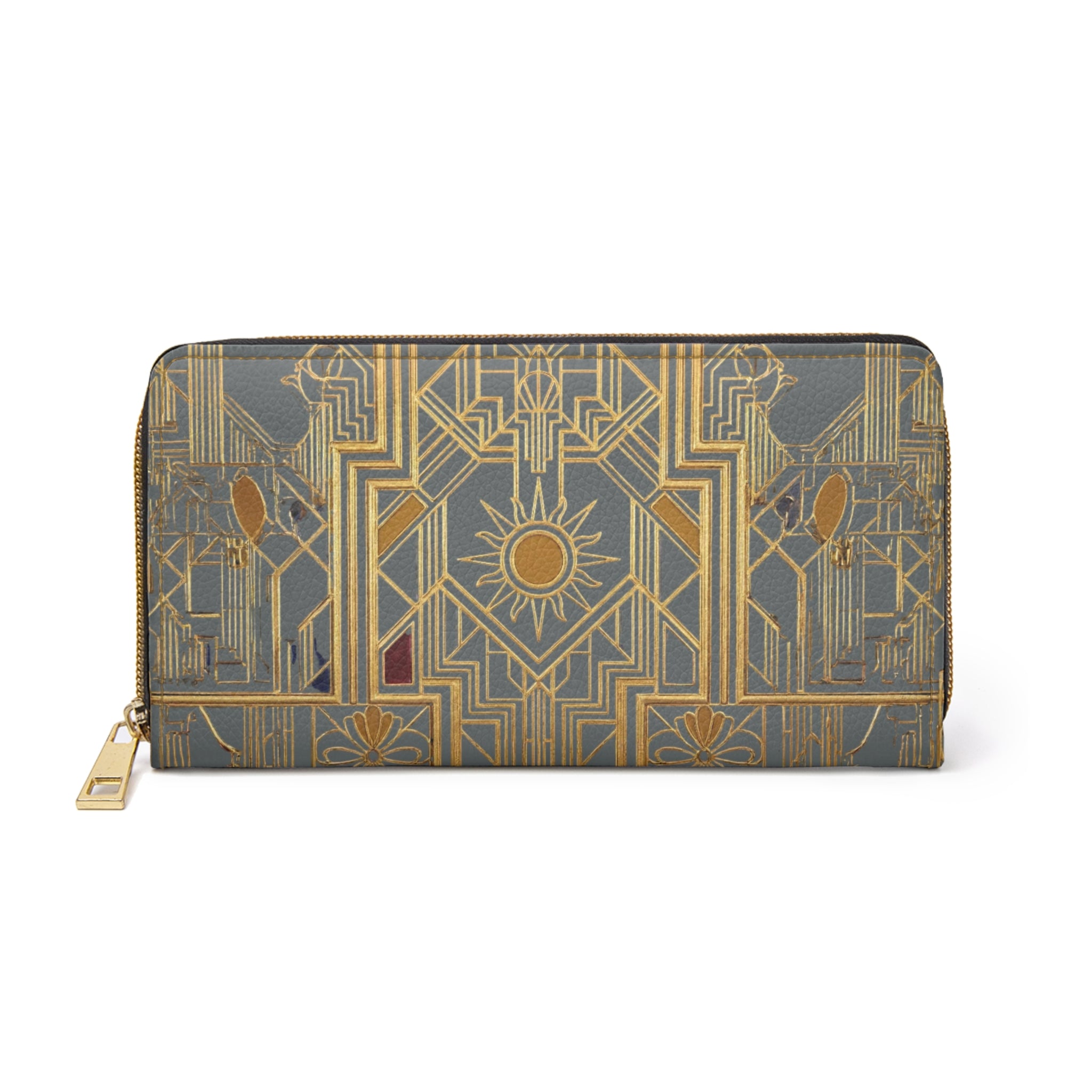 Art Deco Zip Wallet — Gold Geometric Sun Pattern