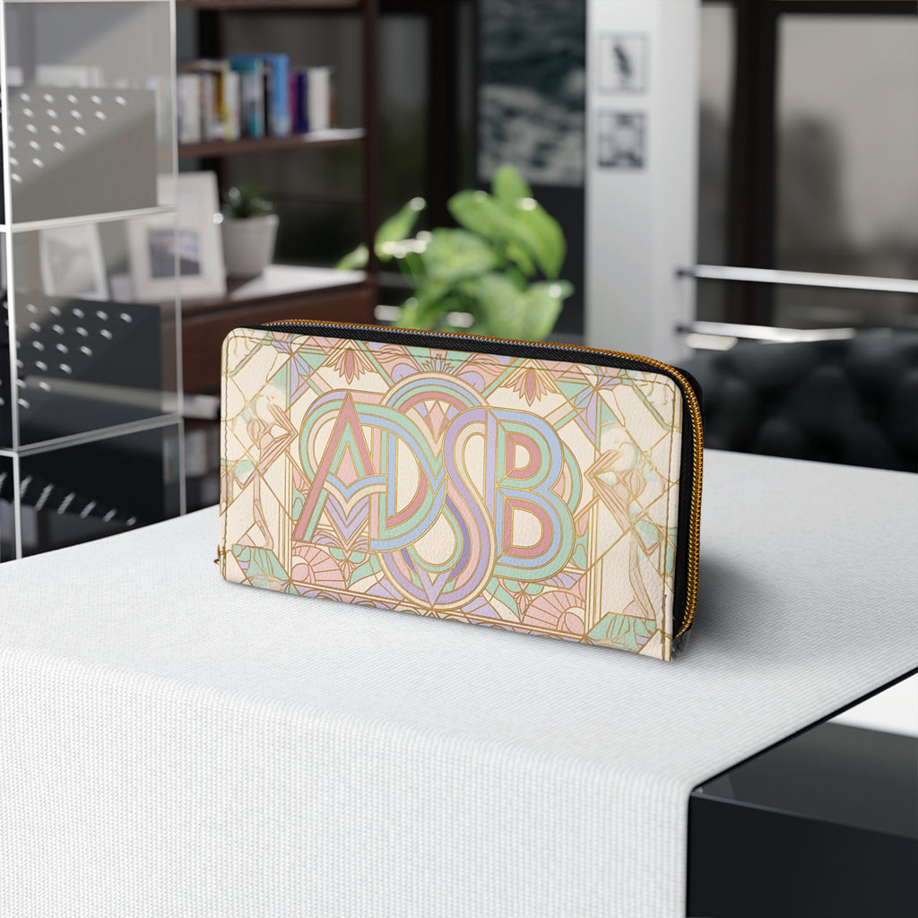 Art Deco Monogram Zipper Wallet — Pastel Initials Travel Clutch