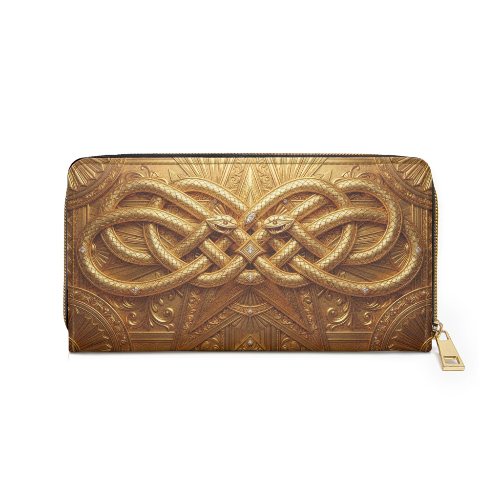Celtic Knot Zipper Wallet — Green Leather Look Wallet with Gold Snake Emblem