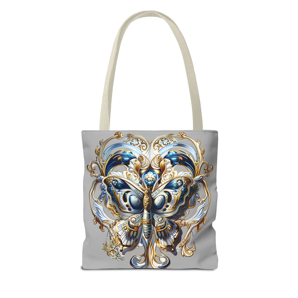 Baroque Butterfly Tote Bag — Ornate Gold & Blue All-Over Print