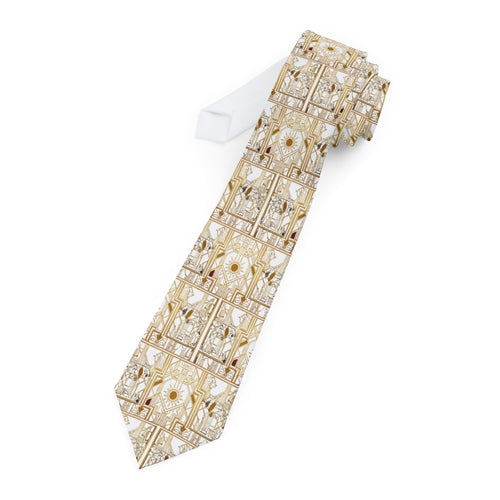 Beige Geometric Floral Necktie — Elegant Vintage Pattern Tie for Weddings & Formal Events