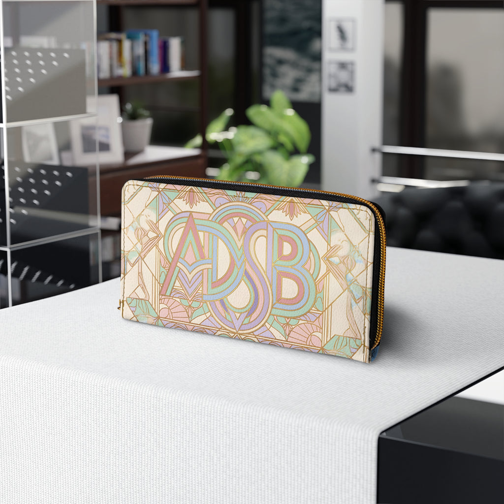Art Deco Monogram Zipper Wallet — Personalized Elegant Pastel Leather Wallet