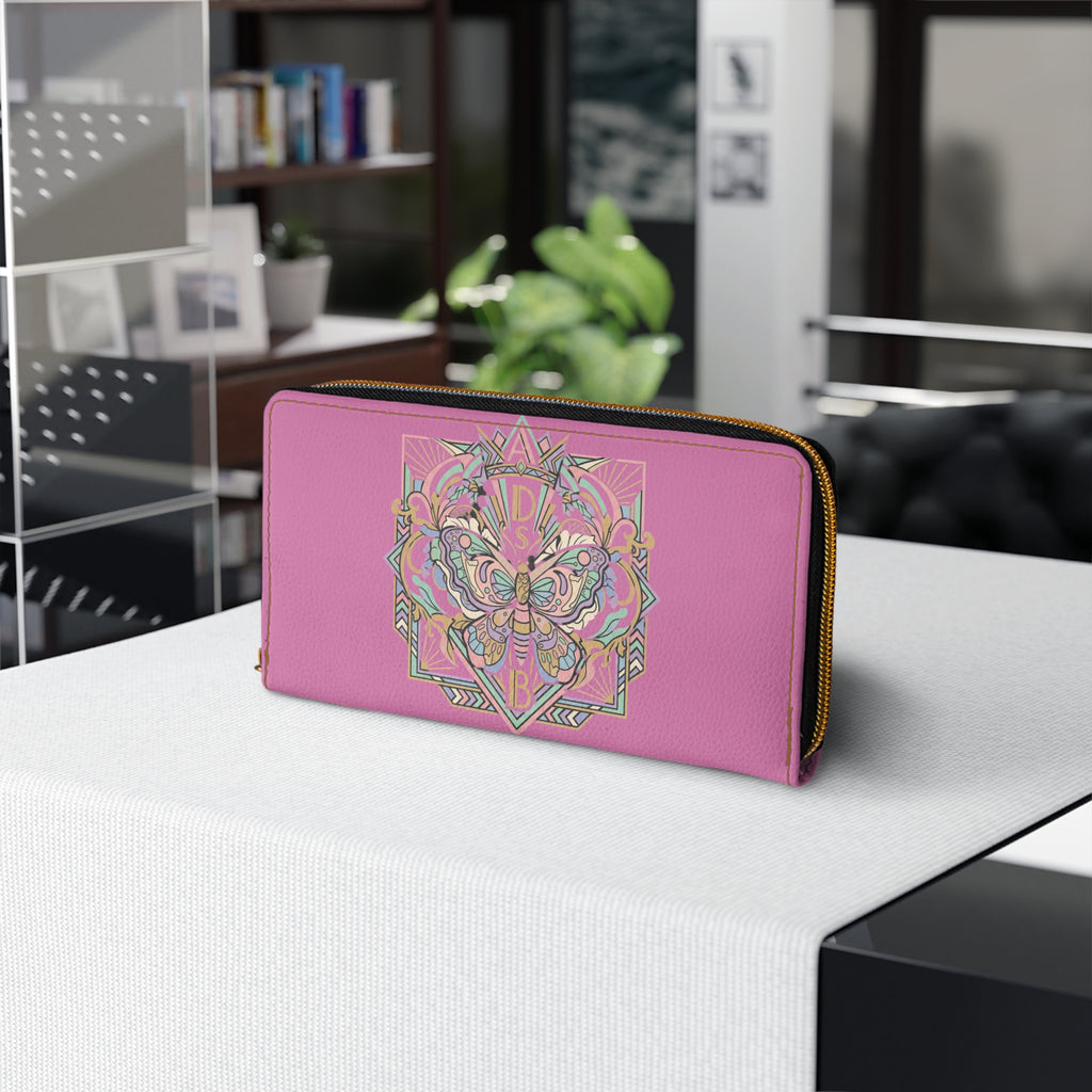 Pink Butterfly Zipper Wallet — Floral Mandala Design, Long RFID-Friendly Wallet