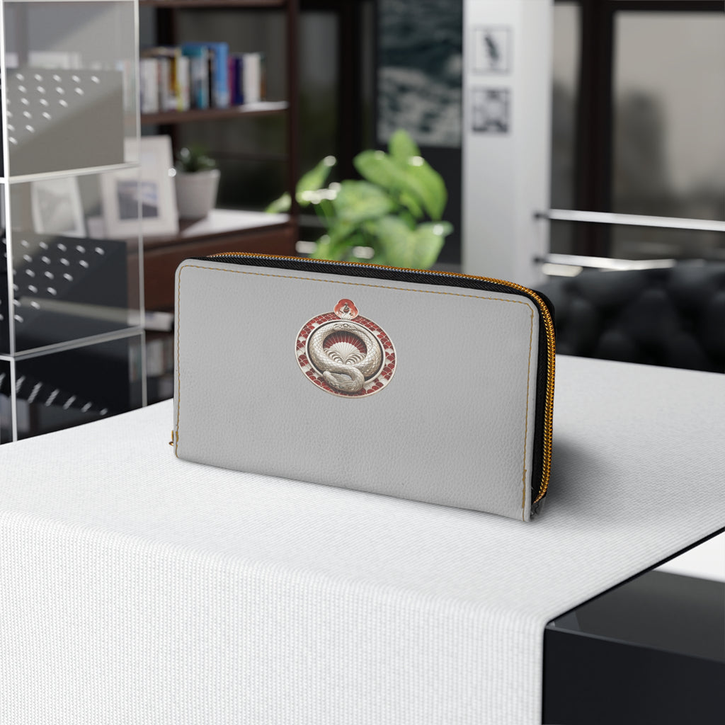 Grey Zip Wallet with Vintage Snake Emblem – Leather Zipper Wallet