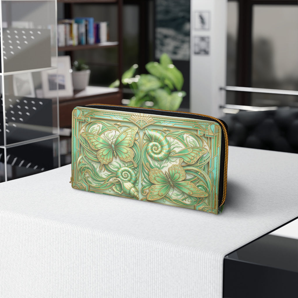 Butterfly Art Nouveau Zipper Wallet — Green Floral Leather Wallet