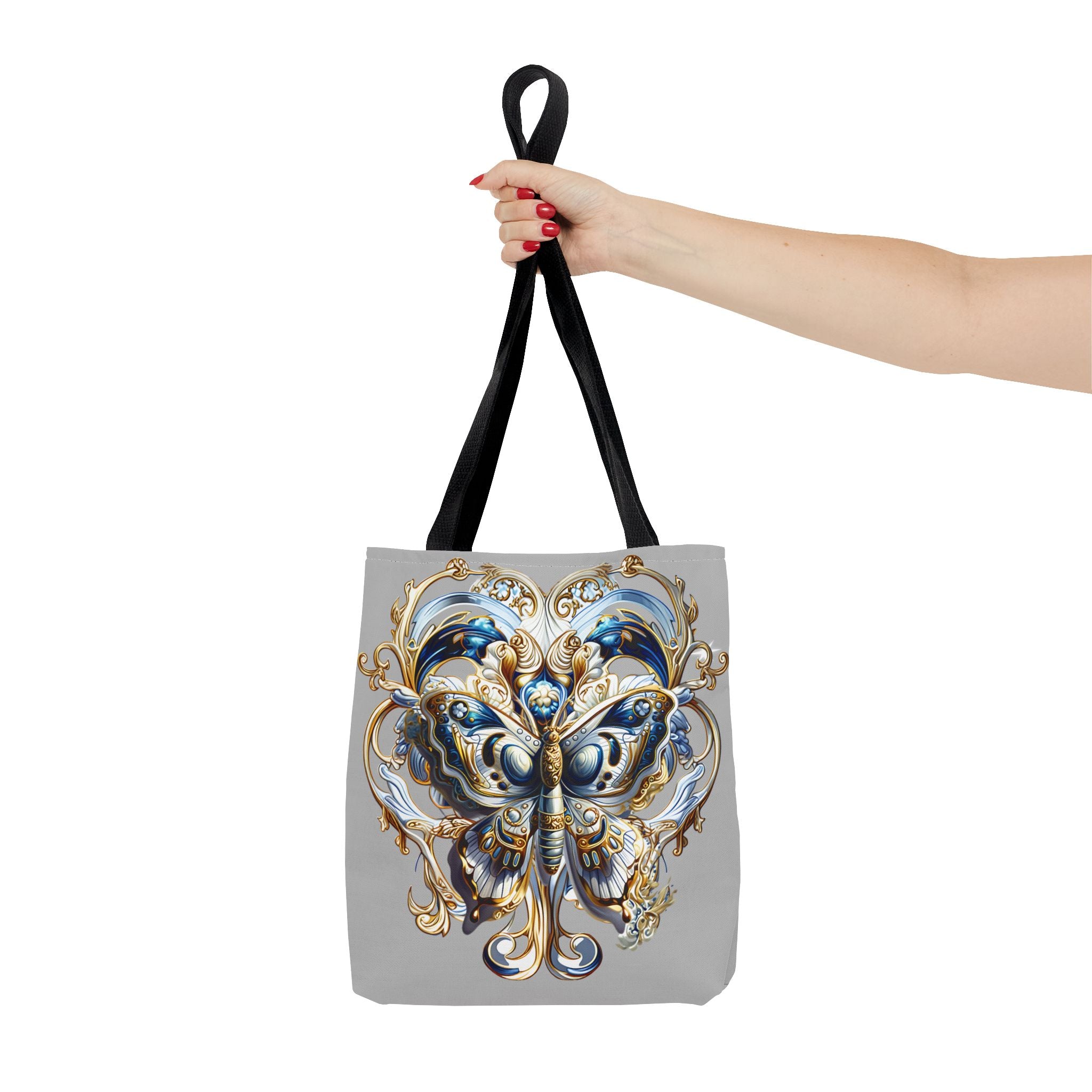 Baroque Butterfly Tote Bag — Ornate Gold & Blue All-Over Print