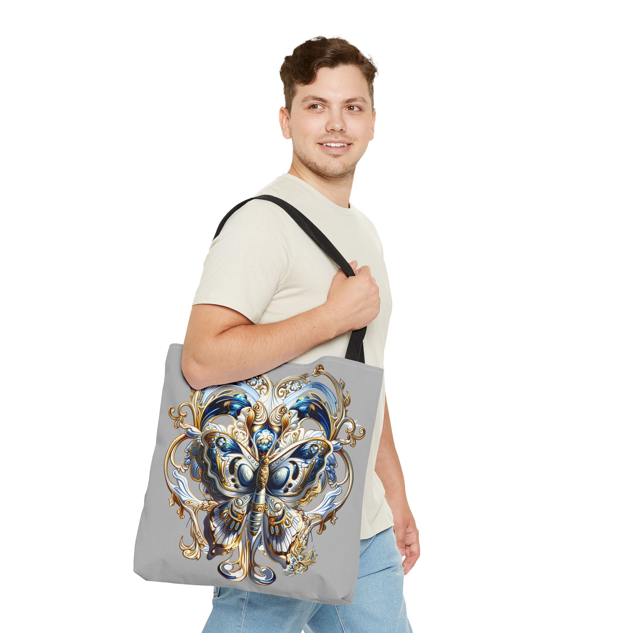 Baroque Butterfly Tote Bag — Ornate Gold & Blue All-Over Print