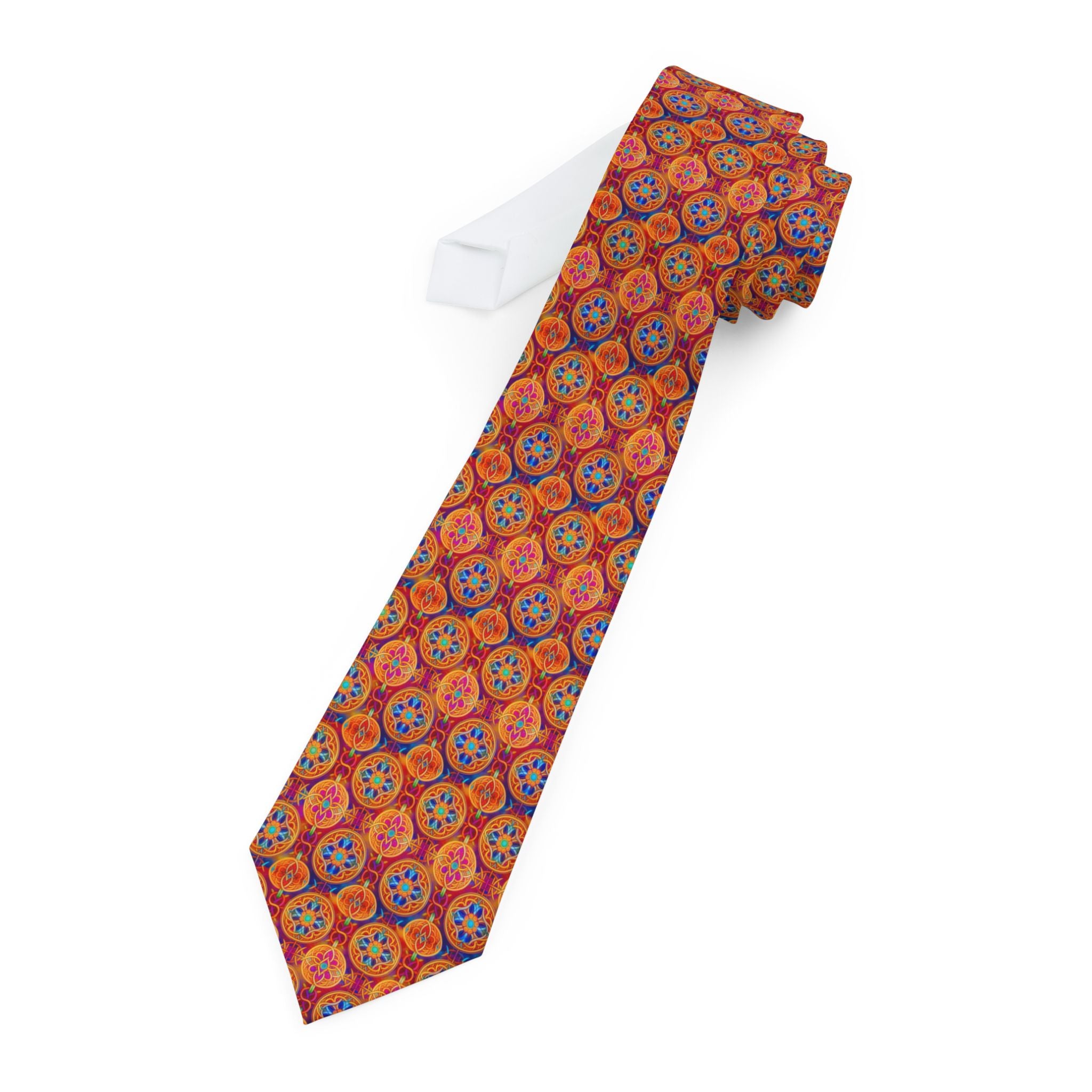 Retro Orange Geometric Necktie — Vintage Floral Medallion Pattern