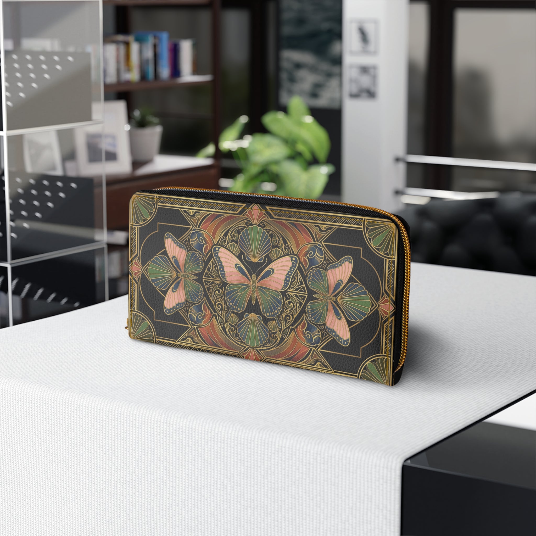 Butterfly Art Nouveau Zipper Wallet — Vintage Floral Mandala Design