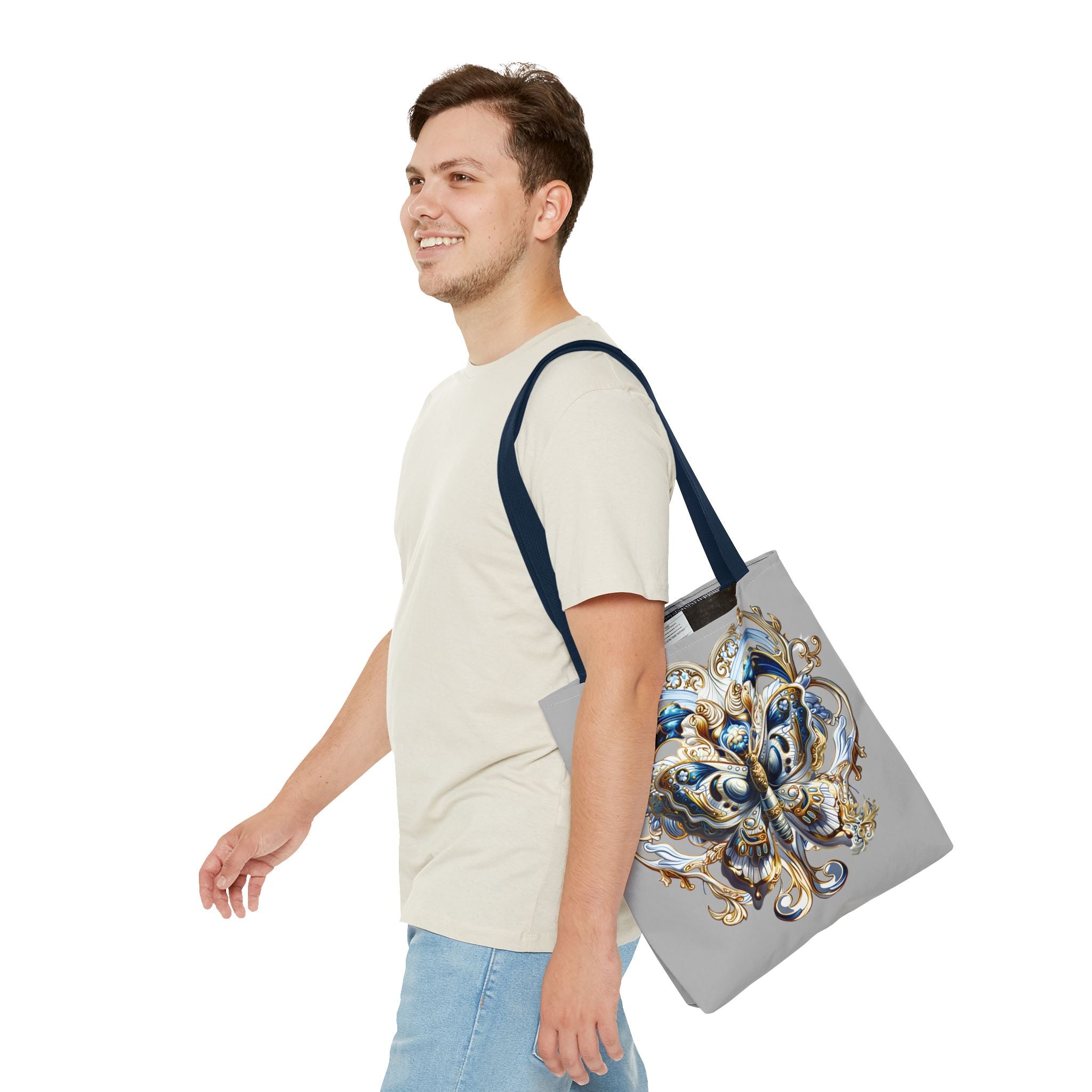 Baroque Butterfly Tote Bag — Ornate Gold & Blue All-Over Print