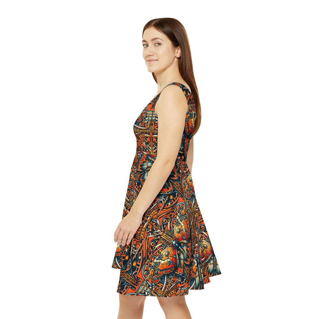 Orange Steampunk Butterfly Skater Dress — All-Over Print Boho Art Dress