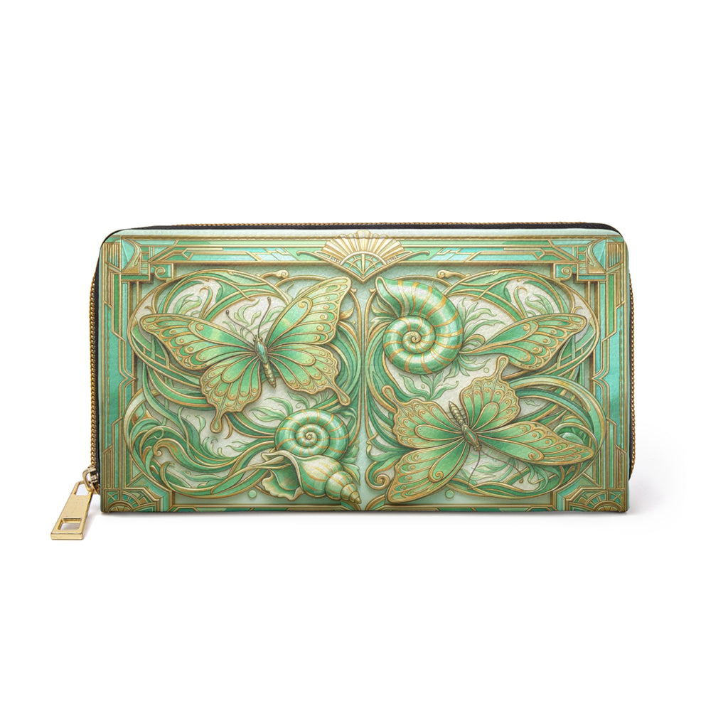 Butterfly Art Nouveau Zipper Wallet — Green Floral Leather Wallet