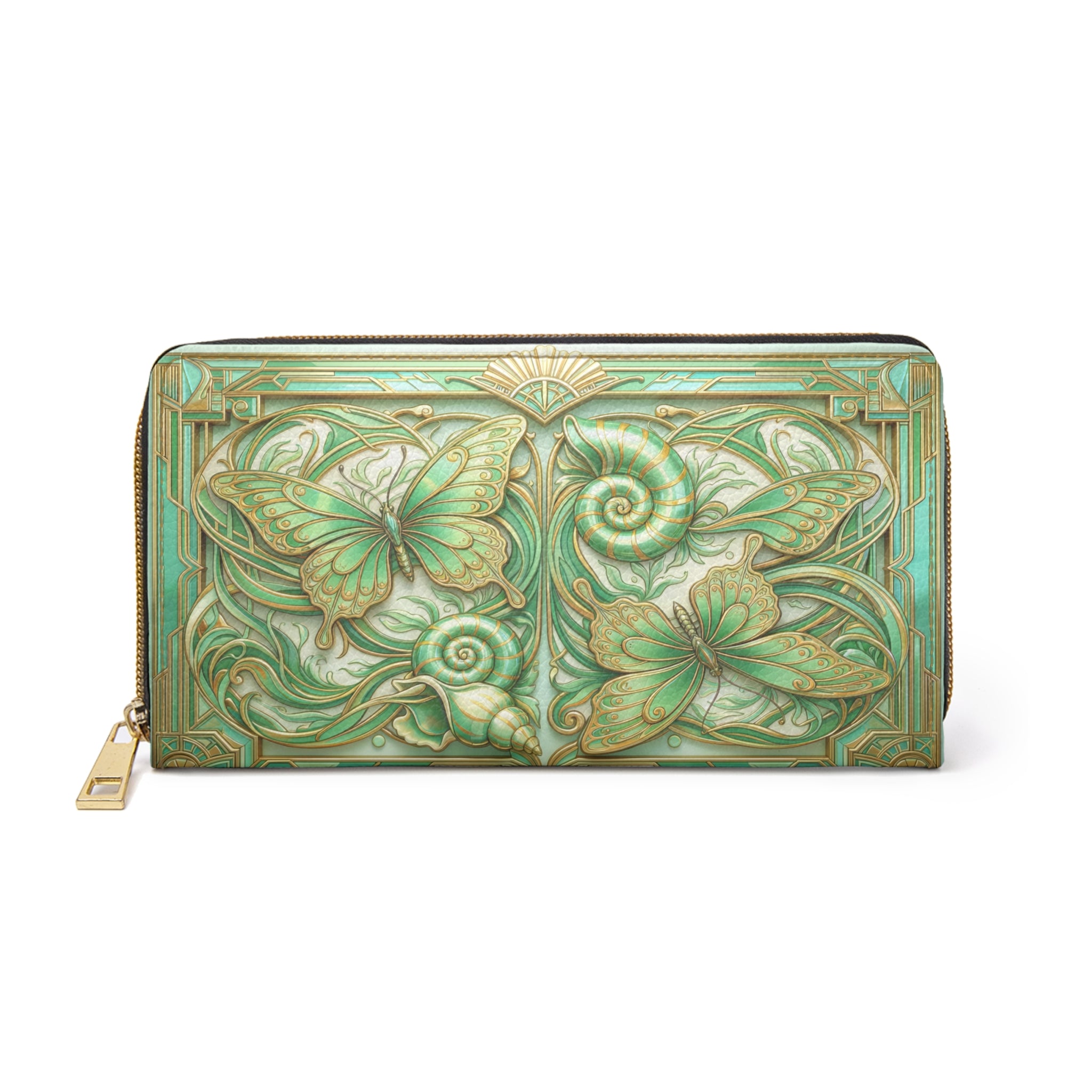 Butterfly Art Nouveau Zipper Wallet — Green Floral Leather Wallet