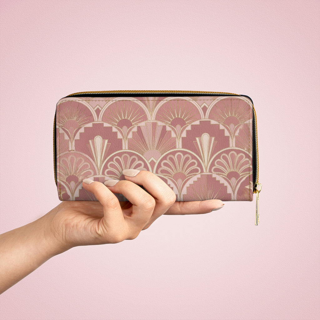 Art Deco Rose Zipper Wallet — Elegant Vintage Fan Pattern Wallet