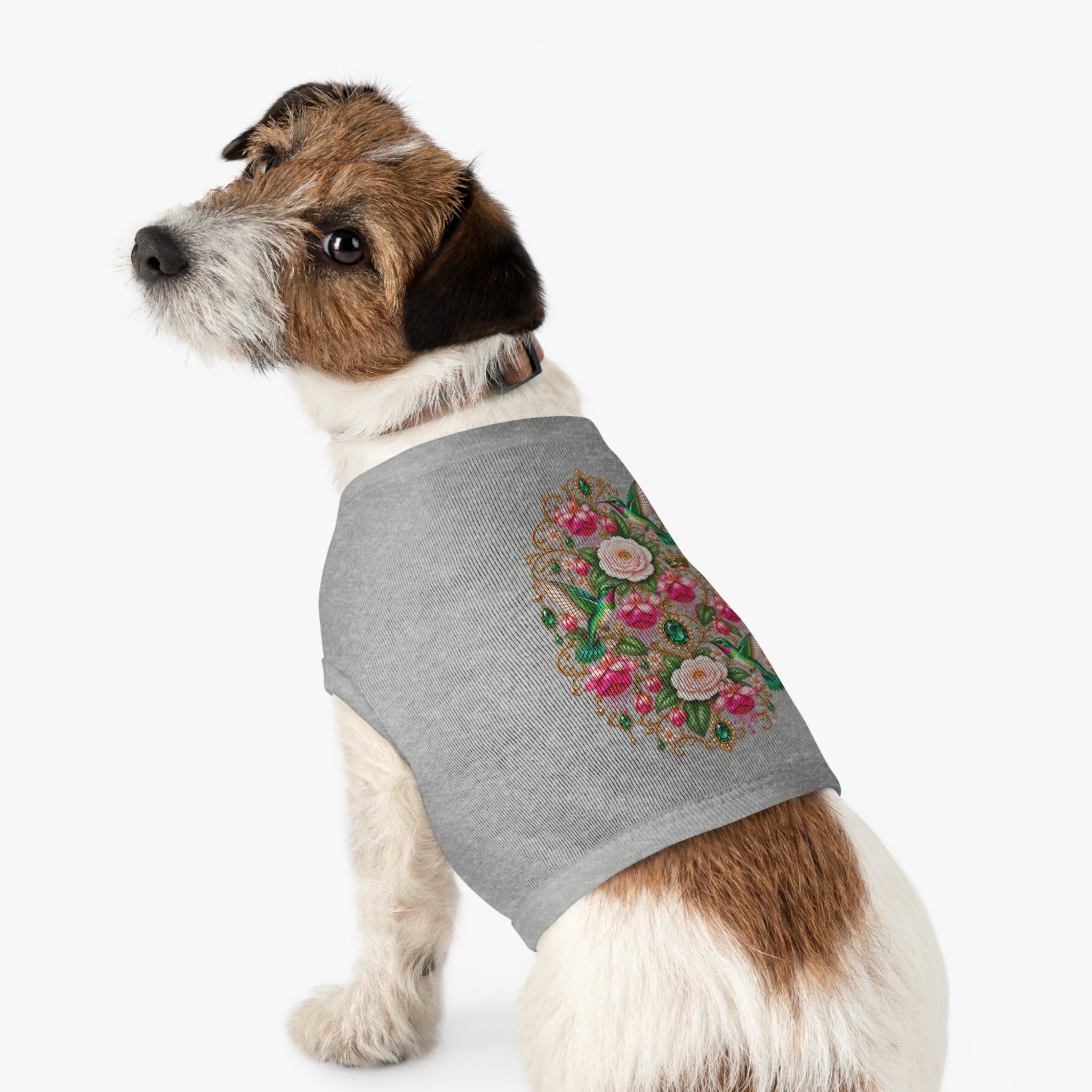 Floral Hummingbird Pet Tank — Ornate Jewel-Embossed Dog Shirt