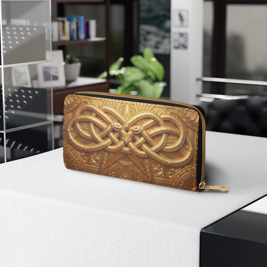 Celtic Knot Zipper Wallet — Green Leather Look Wallet with Gold Snake Emblem