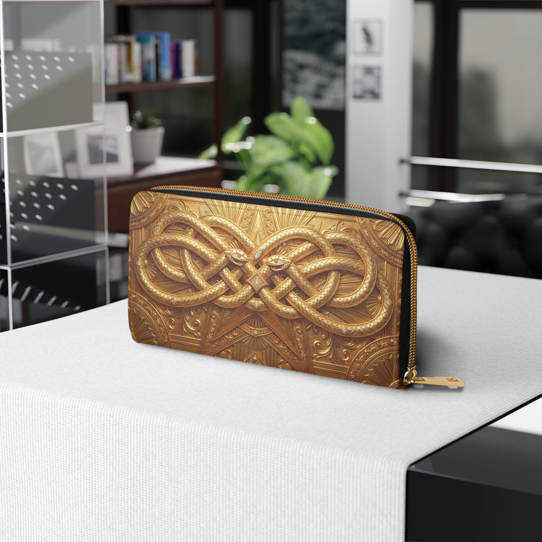 Celtic Knot Zipper Wallet — Green Leather Look Wallet with Gold Snake Emblem